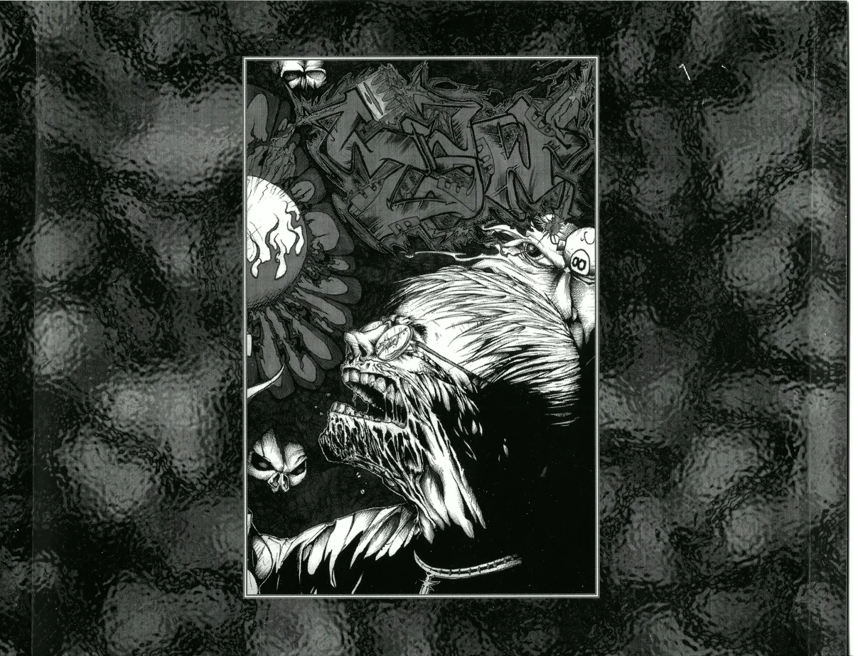Black and white monster, skull, and graffiti illustration from the CD booklet