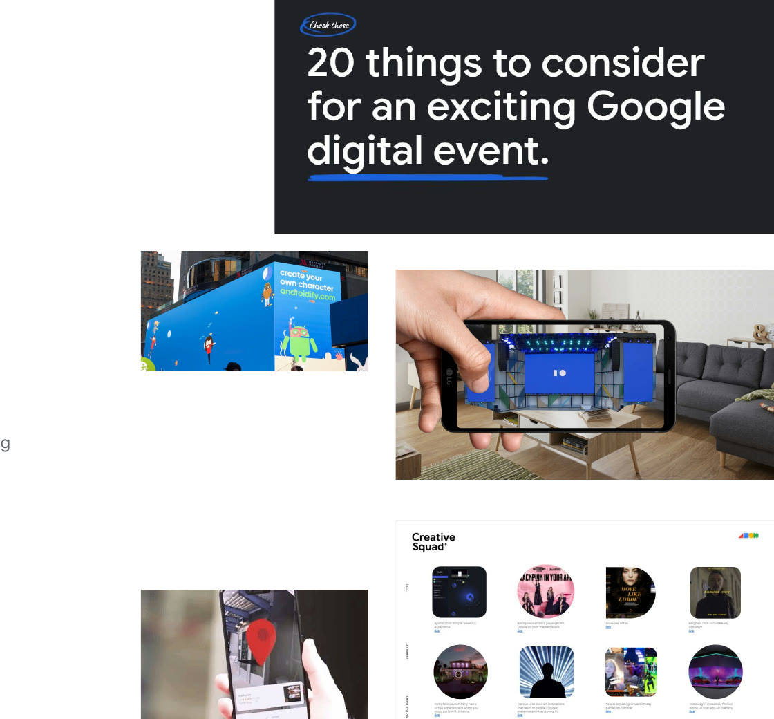 Digital event concept collage with remote event guidance, a mobile augmented view, and themed attendee experiences