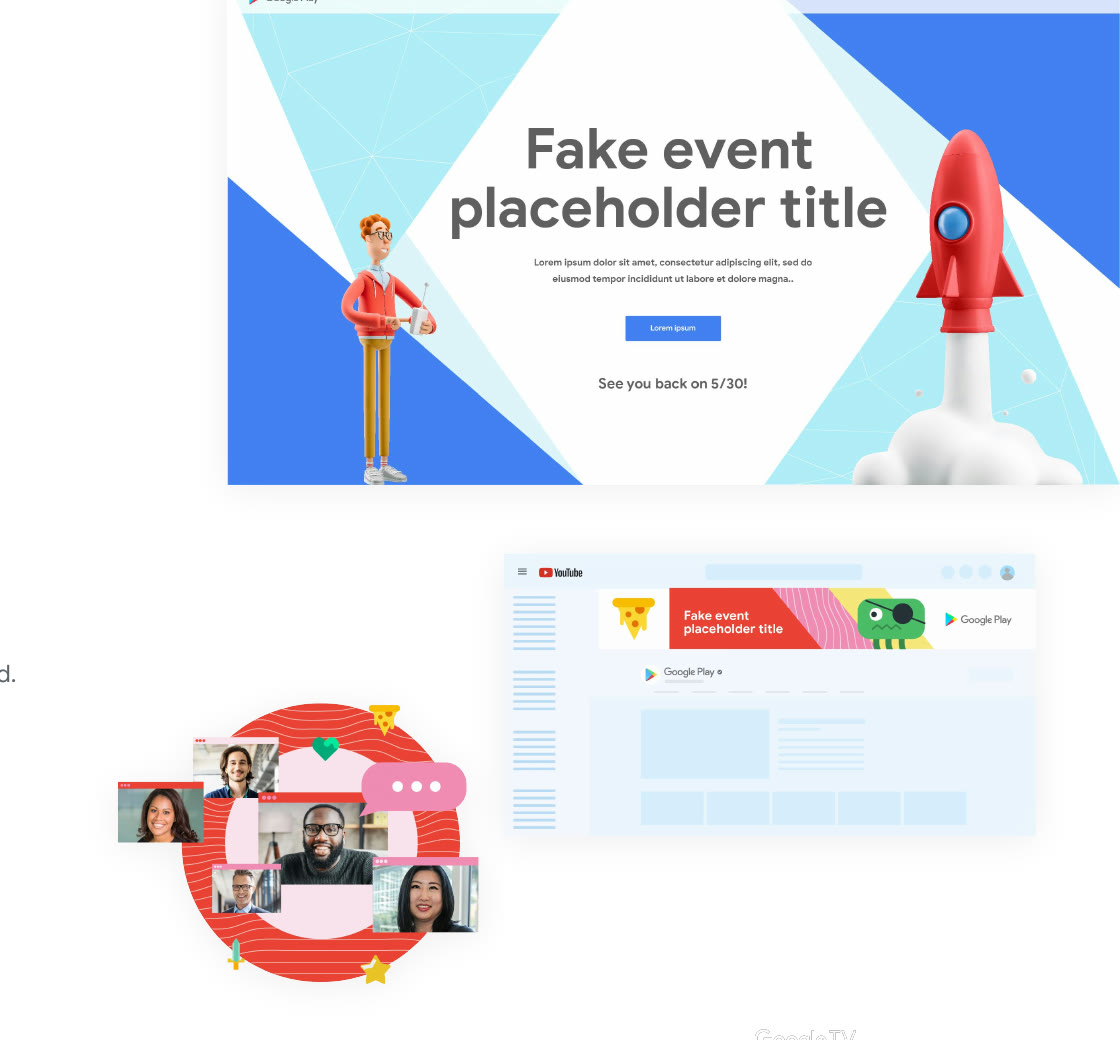 Google Play event playbook concepts with a launch illustration, event header system, and developer community artwork