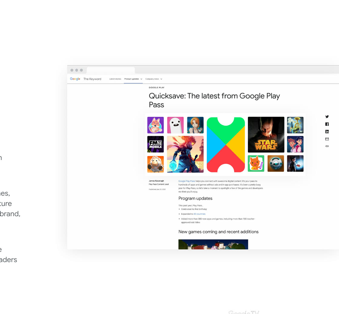 Google Play Pass Quicksave article design with app artwork, a branded header, and a reorganized editorial layout