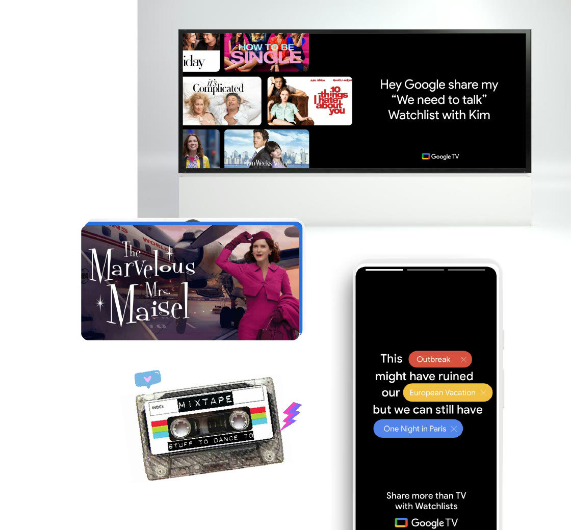 Google TV Watchlist concept collage with television, series artwork, a mixtape motif, and a mobile sharing treatment