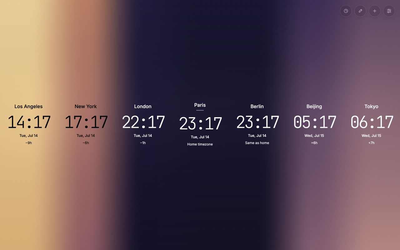 Meridian showing seven world clocks ordered west to east across a seamless day-to-night gradient
